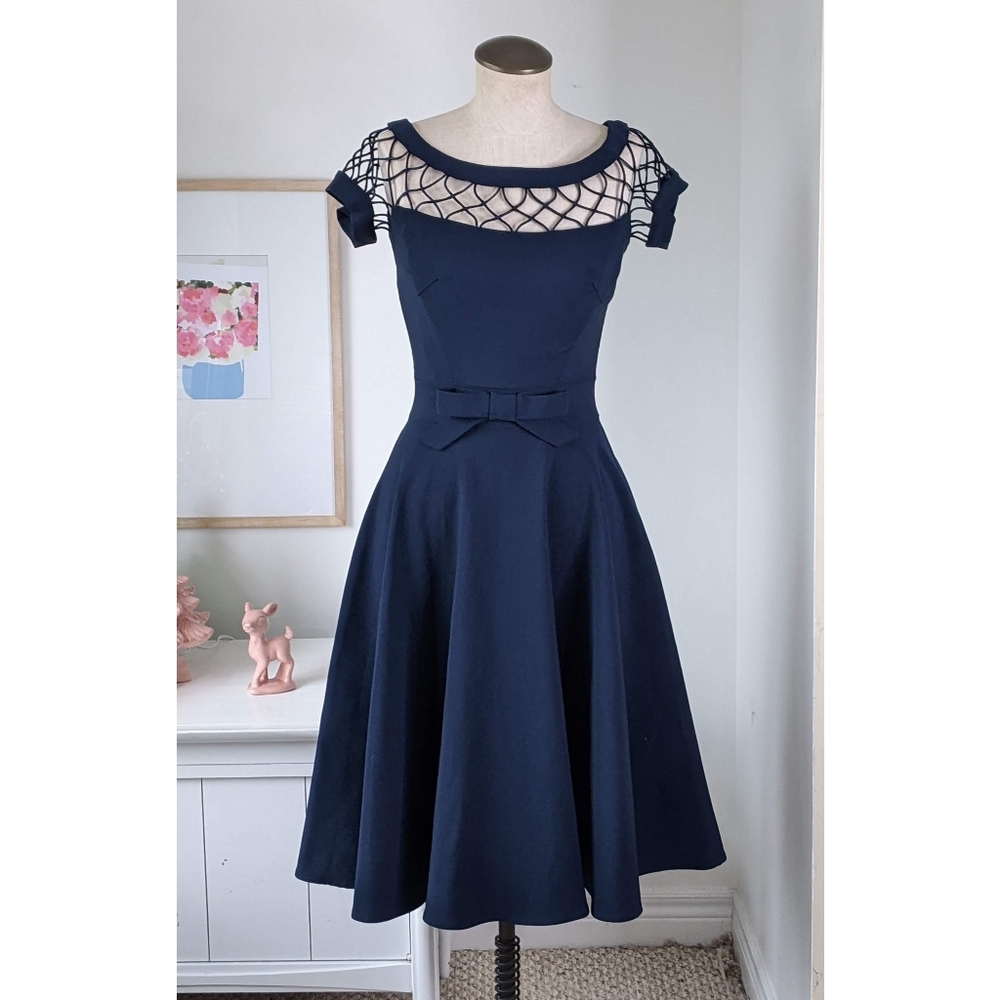 navy blue fit and flare dress with front bow, size xs